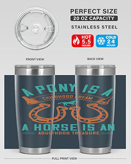 A stylish double wall vacuum stainless steel tumbler featuring a pony and horse design, perfect for keeping drinks hot or cold.