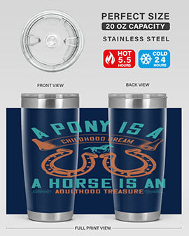 A stylish double wall vacuum stainless steel tumbler featuring a pony and horse design, perfect for keeping drinks hot or cold.