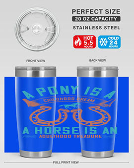 A stylish double wall vacuum stainless steel tumbler featuring a pony and horse design, perfect for keeping drinks hot or cold.