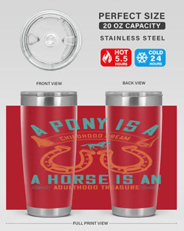 A stylish double wall vacuum stainless steel tumbler featuring a pony and horse design, perfect for keeping drinks hot or cold.