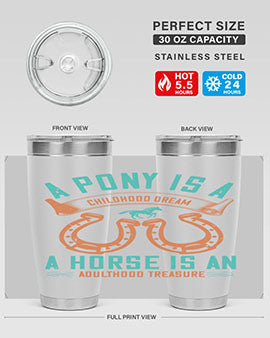 A stylish double wall vacuum stainless steel tumbler featuring a pony and horse design, perfect for keeping drinks hot or cold.