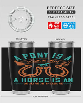 A stylish double wall vacuum stainless steel tumbler featuring a pony and horse design, perfect for keeping drinks hot or cold.