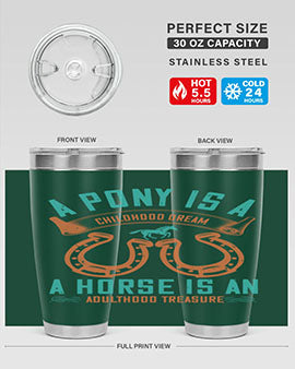 A stylish double wall vacuum stainless steel tumbler featuring a pony and horse design, perfect for keeping drinks hot or cold.