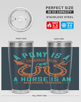 A stylish double wall vacuum stainless steel tumbler featuring a pony and horse design, perfect for keeping drinks hot or cold.