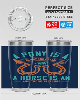 A stylish double wall vacuum stainless steel tumbler featuring a pony and horse design, perfect for keeping drinks hot or cold.