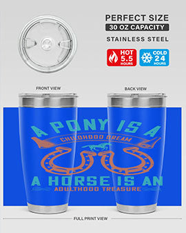 A stylish double wall vacuum stainless steel tumbler featuring a pony and horse design, perfect for keeping drinks hot or cold.