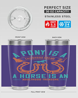 A stylish double wall vacuum stainless steel tumbler featuring a pony and horse design, perfect for keeping drinks hot or cold.