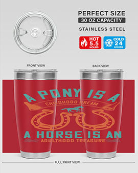 A stylish double wall vacuum stainless steel tumbler featuring a pony and horse design, perfect for keeping drinks hot or cold.