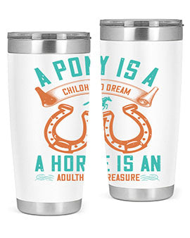 A stylish double wall vacuum stainless steel tumbler featuring a pony and horse design, perfect for keeping drinks hot or cold.