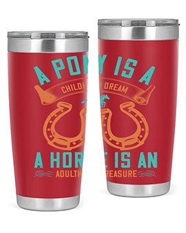 A stylish double wall vacuum stainless steel tumbler featuring a pony and horse design, perfect for keeping drinks hot or cold.