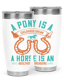 A stylish double wall vacuum stainless steel tumbler featuring a pony and horse design, perfect for keeping drinks hot or cold.