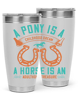 A stylish double wall vacuum stainless steel tumbler featuring a pony and horse design, perfect for keeping drinks hot or cold.