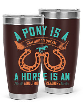 A stylish double wall vacuum stainless steel tumbler featuring a pony and horse design, perfect for keeping drinks hot or cold.