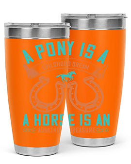 A stylish double wall vacuum stainless steel tumbler featuring a pony and horse design, perfect for keeping drinks hot or cold.