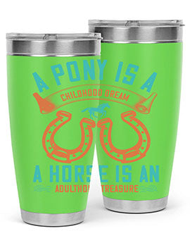 A stylish double wall vacuum stainless steel tumbler featuring a pony and horse design, perfect for keeping drinks hot or cold.