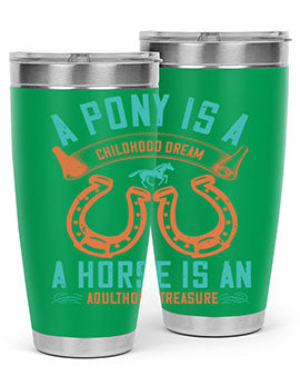 A stylish double wall vacuum stainless steel tumbler featuring a pony and horse design, perfect for keeping drinks hot or cold.