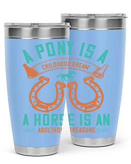 A stylish double wall vacuum stainless steel tumbler featuring a pony and horse design, perfect for keeping drinks hot or cold.