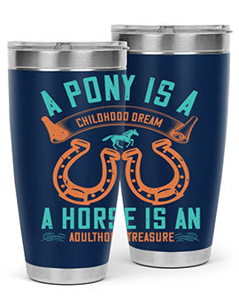 A stylish double wall vacuum stainless steel tumbler featuring a pony and horse design, perfect for keeping drinks hot or cold.