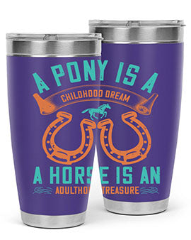 A stylish double wall vacuum stainless steel tumbler featuring a pony and horse design, perfect for keeping drinks hot or cold.