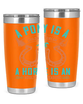 A stylish double wall vacuum stainless steel tumbler featuring a pony and horse design, perfect for keeping drinks hot or cold.