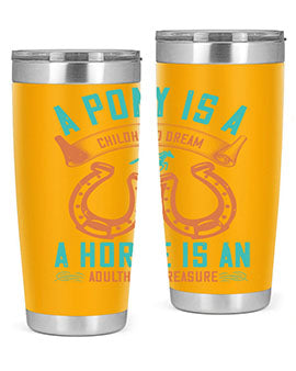 A stylish double wall vacuum stainless steel tumbler featuring a pony and horse design, perfect for keeping drinks hot or cold.