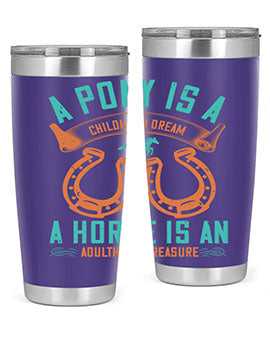A stylish double wall vacuum stainless steel tumbler featuring a pony and horse design, perfect for keeping drinks hot or cold.