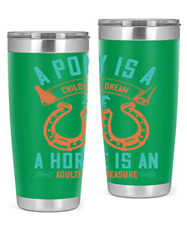 A stylish double wall vacuum stainless steel tumbler featuring a pony and horse design, perfect for keeping drinks hot or cold.