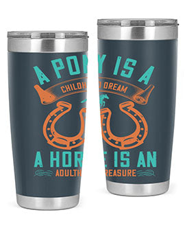 A stylish double wall vacuum stainless steel tumbler featuring a pony and horse design, perfect for keeping drinks hot or cold.