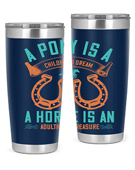 A stylish double wall vacuum stainless steel tumbler featuring a pony and horse design, perfect for keeping drinks hot or cold.