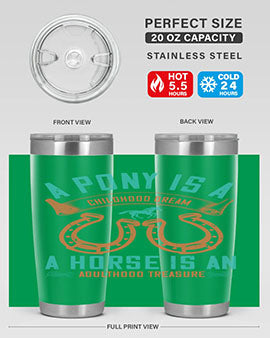 A stylish double wall vacuum stainless steel tumbler featuring a pony and horse design, perfect for keeping drinks hot or cold.