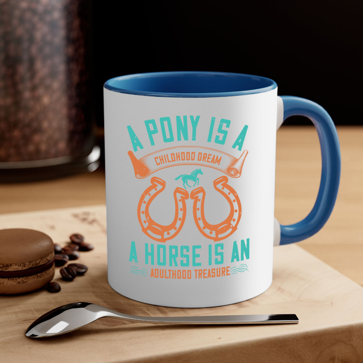 A stylish two-tone ceramic mug featuring a pony and horse design, available in multiple colors with a glossy finish.