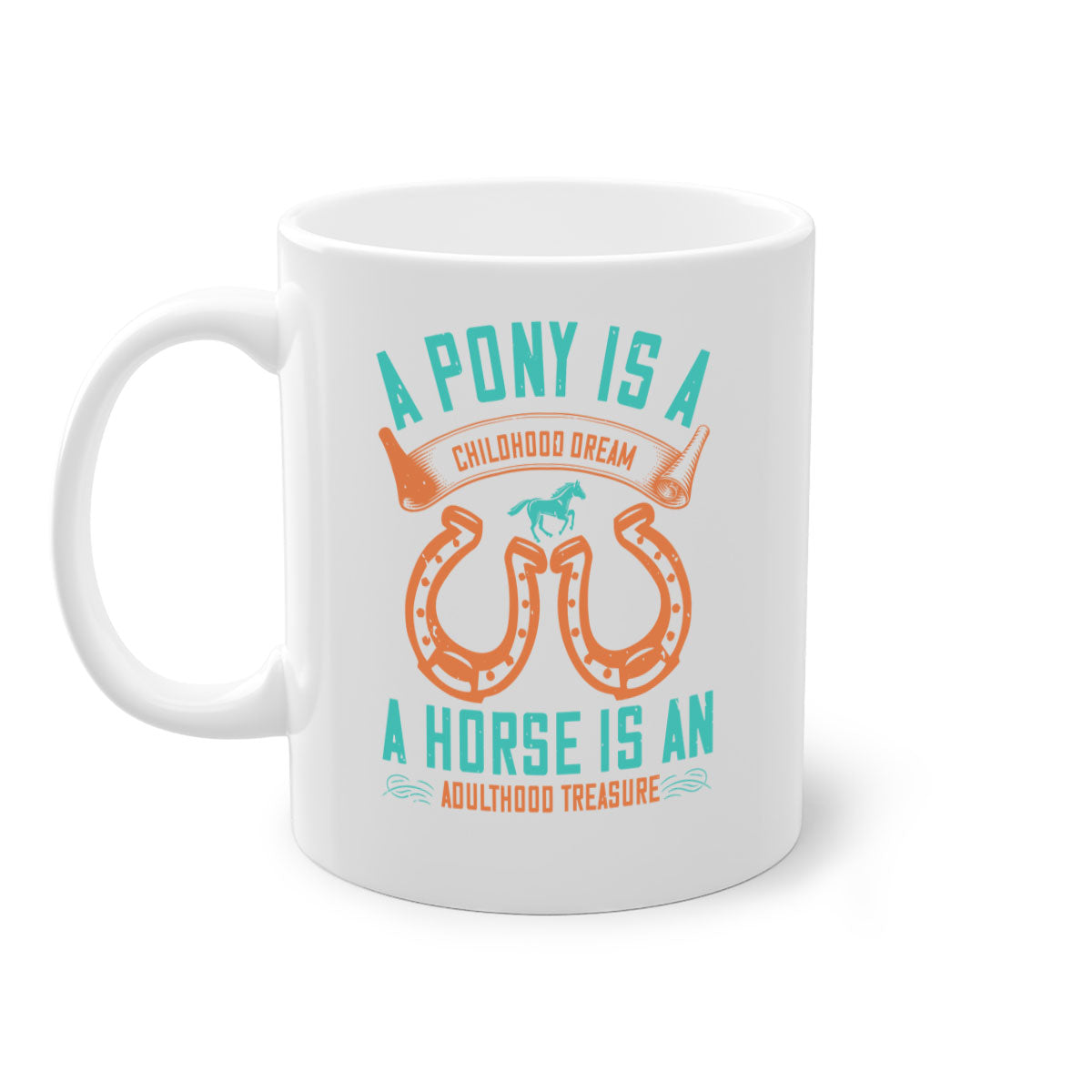 A stylish two-tone ceramic mug featuring a pony and horse design, available in multiple colors with a glossy finish.