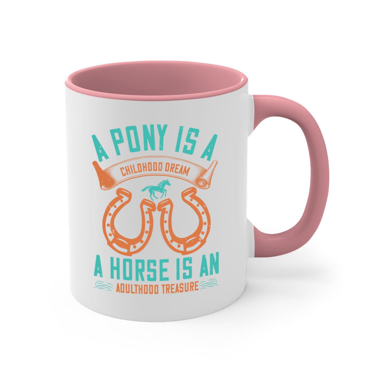A stylish two-tone ceramic mug featuring a pony and horse design, available in multiple colors with a glossy finish.