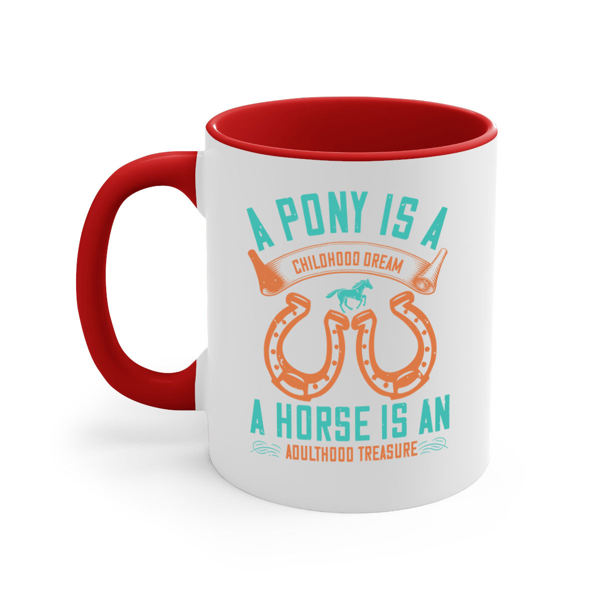 A stylish two-tone ceramic mug featuring a pony and horse design, available in multiple colors with a glossy finish.