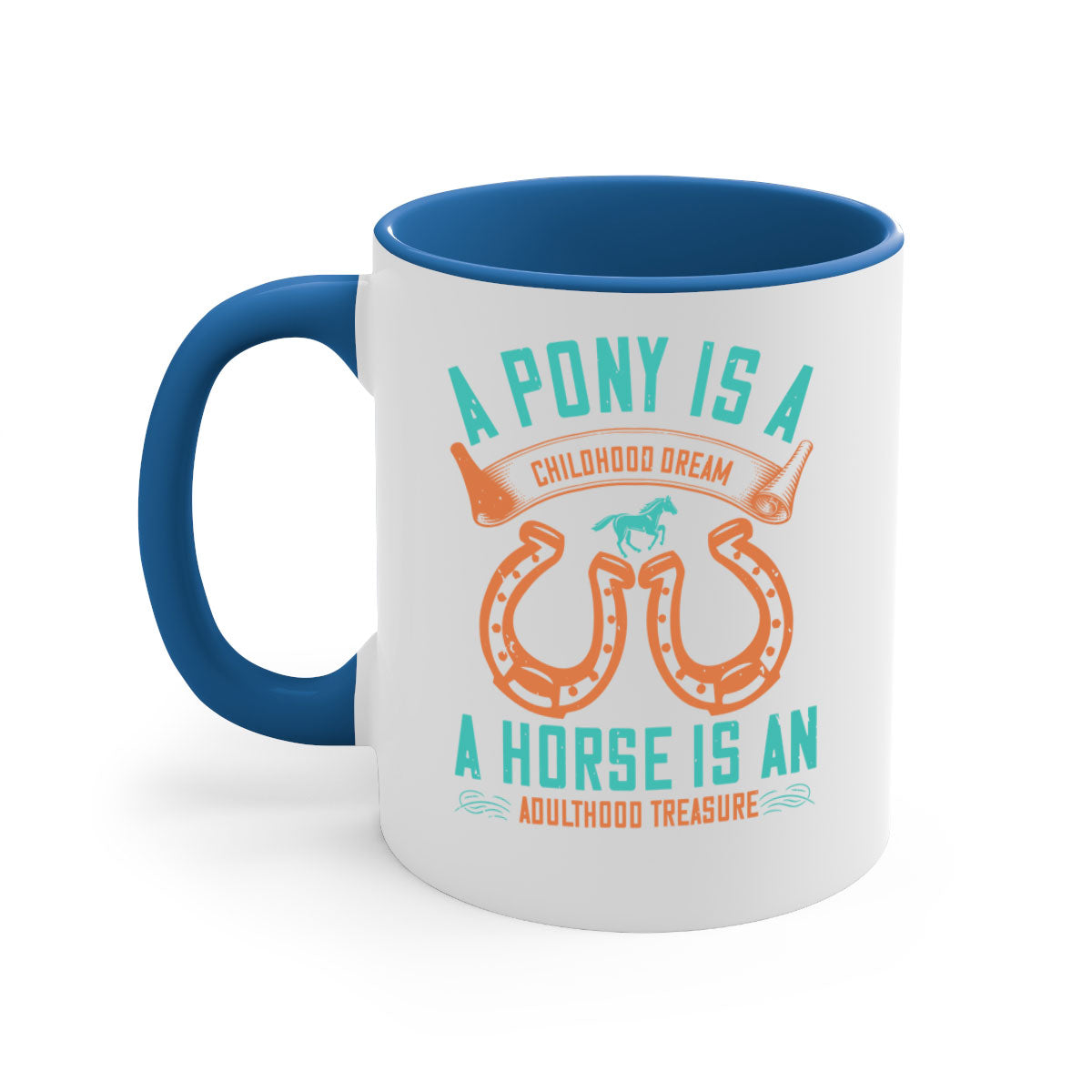 A stylish two-tone ceramic mug featuring a pony and horse design, available in multiple colors with a glossy finish.