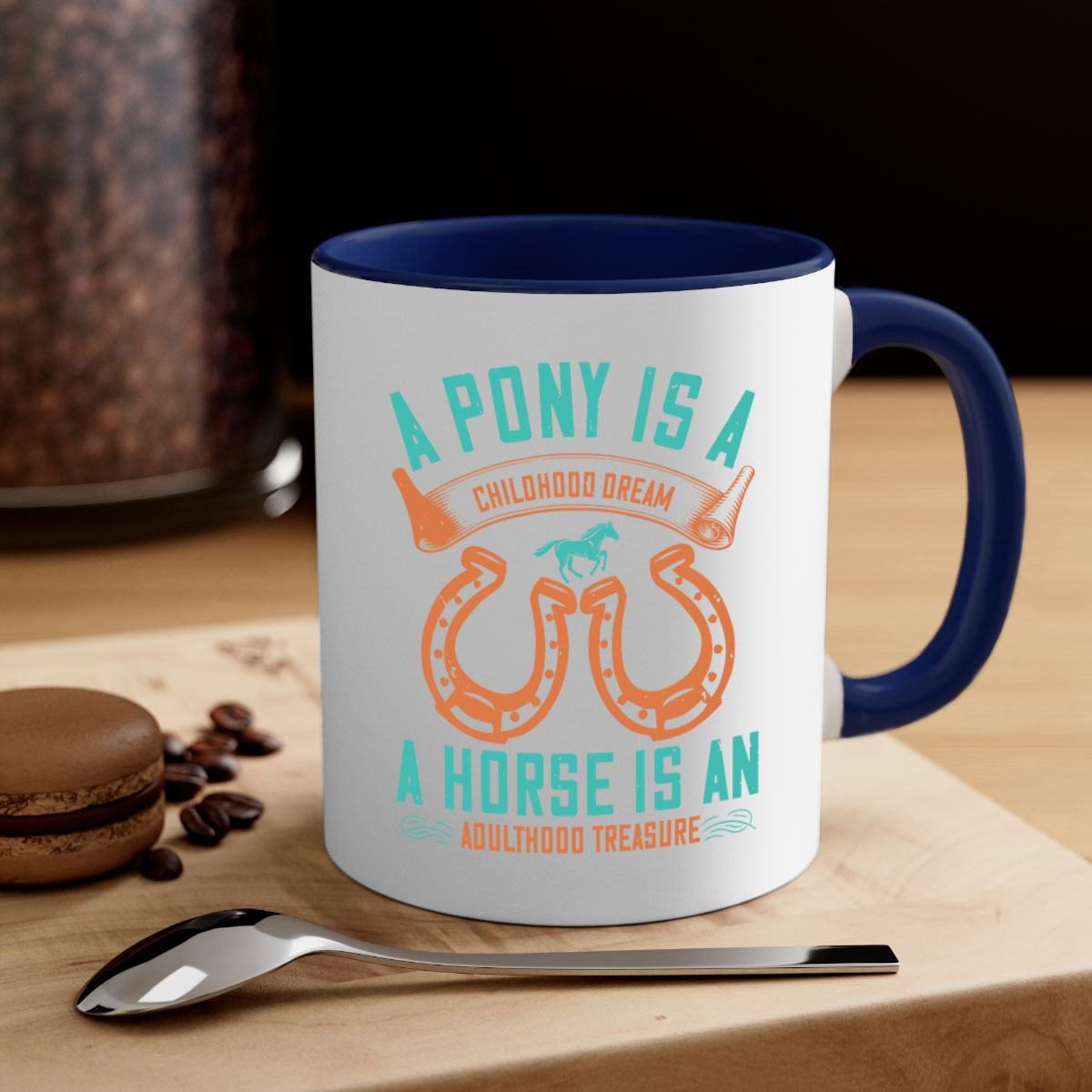 A stylish two-tone ceramic mug featuring a pony and horse design, available in multiple colors with a glossy finish.