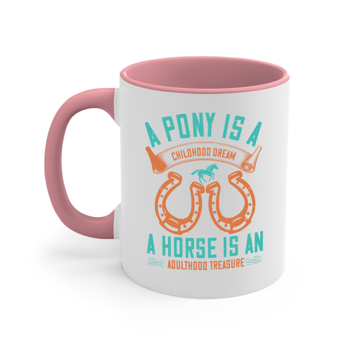 A stylish two-tone ceramic mug featuring a pony and horse design, available in multiple colors with a glossy finish.
