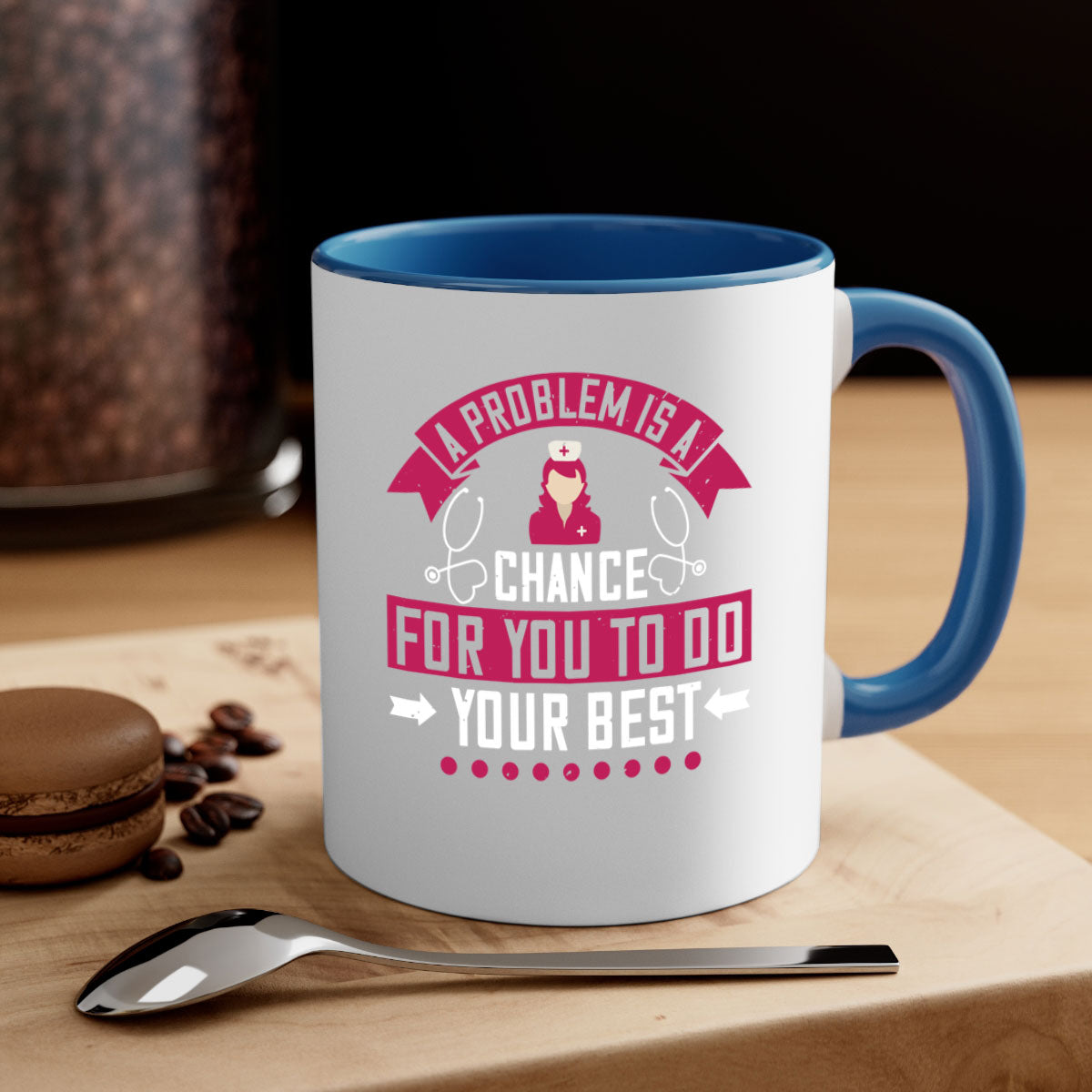 A two-tone ceramic mug with a motivational quote for nurses, featuring a colored handle and glossy finish.