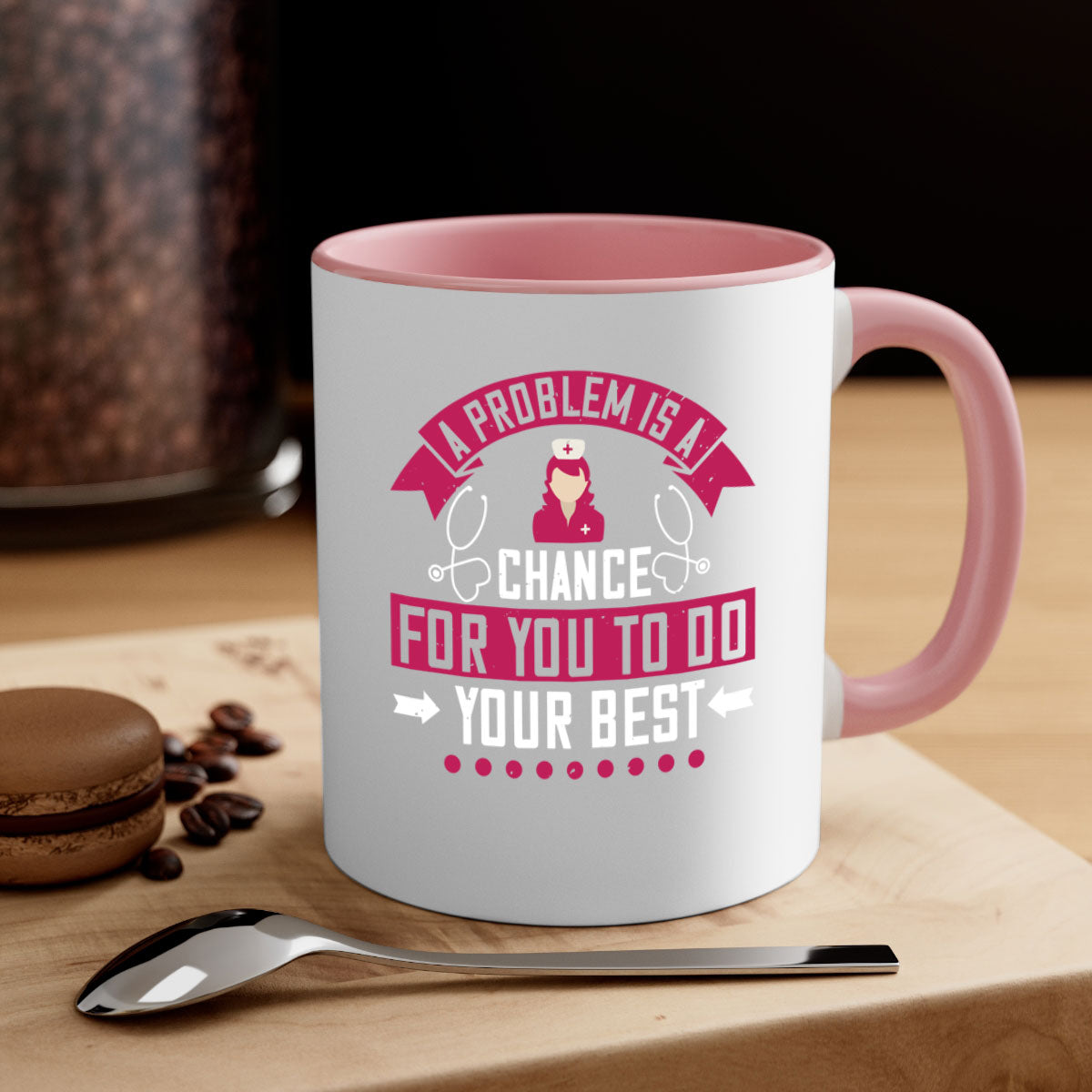 A two-tone ceramic mug with a motivational quote for nurses, featuring a colored handle and glossy finish.