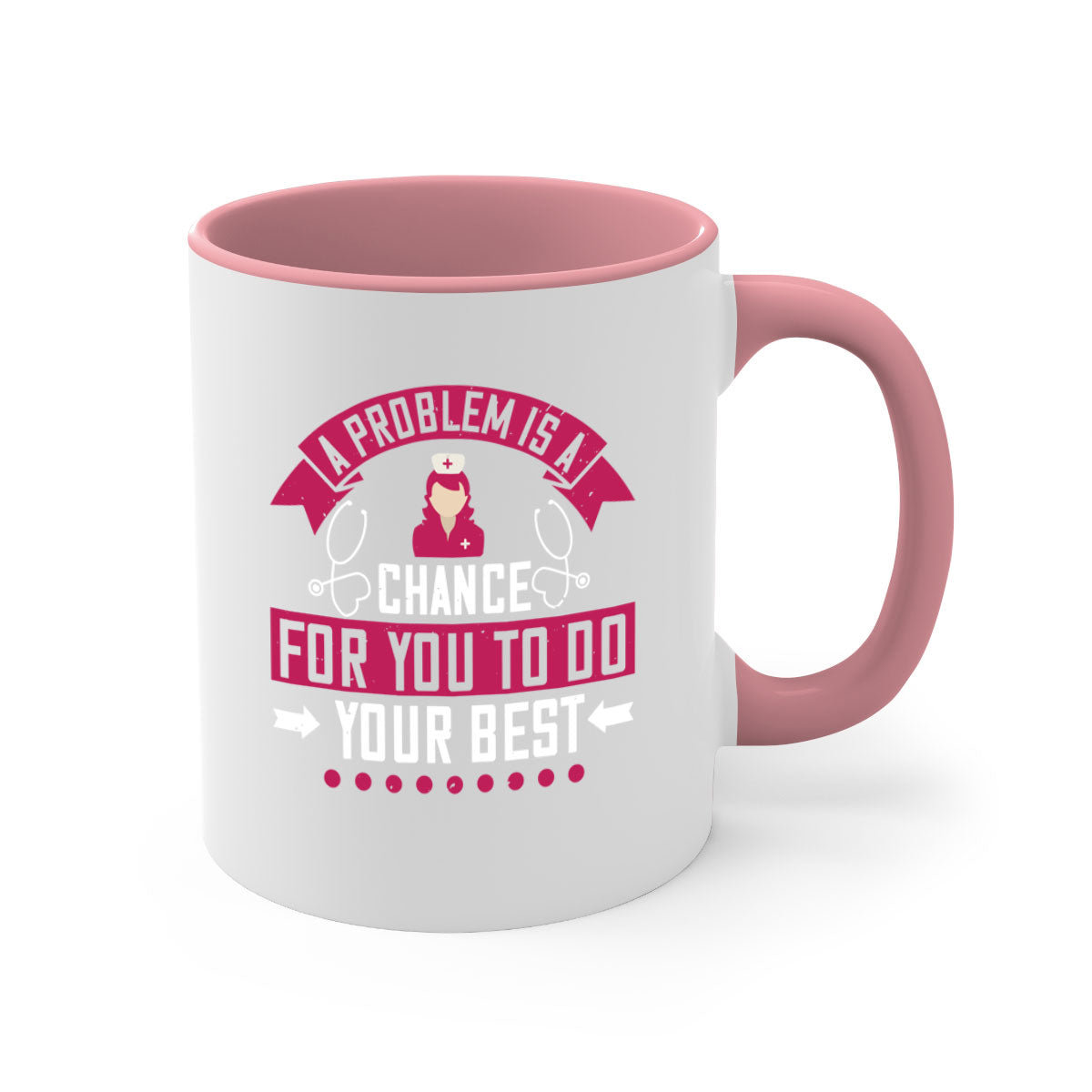 A two-tone ceramic mug with a motivational quote for nurses, featuring a colored handle and glossy finish.