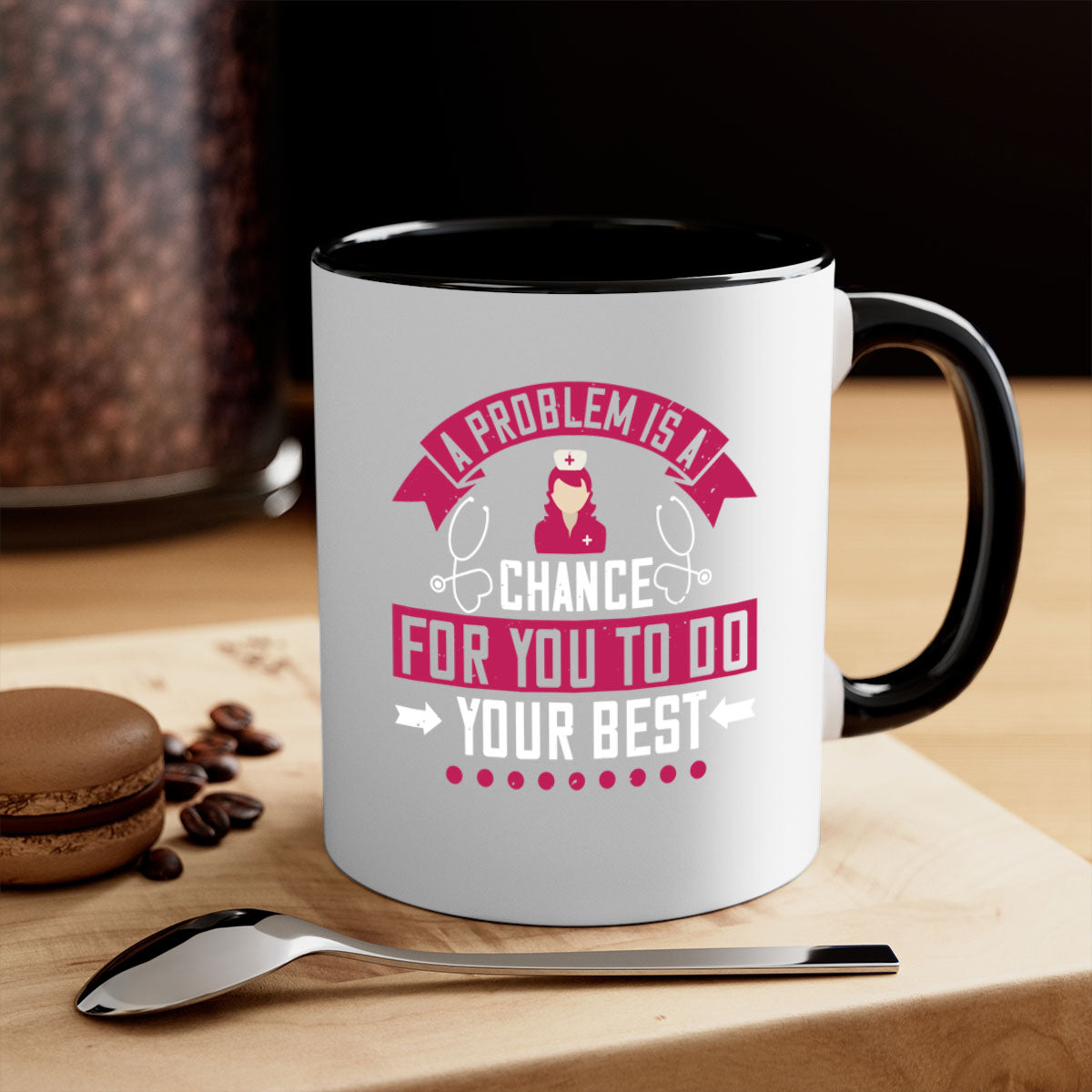 A two-tone ceramic mug with a motivational quote for nurses, featuring a colored handle and glossy finish.