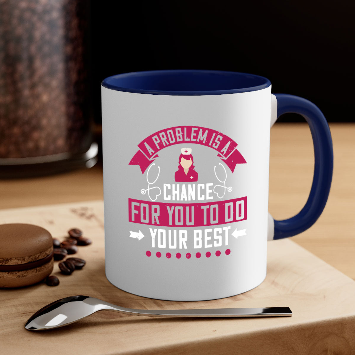 A two-tone ceramic mug with a motivational quote for nurses, featuring a colored handle and glossy finish.