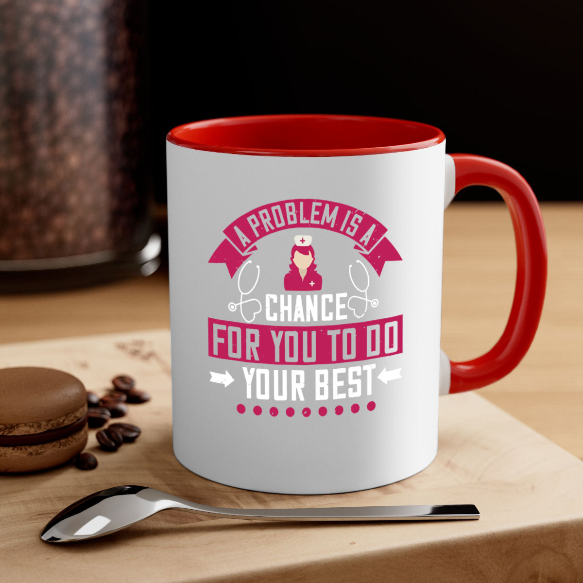 A two-tone ceramic mug with a motivational quote for nurses, featuring a colored handle and glossy finish.