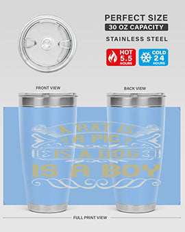 A stylish 20oz stainless steel tumbler with a unique design featuring the phrase 'A rat is a pig is a dog is a boy', perfect for hot and cold beverages.