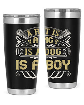 A stylish 20oz stainless steel tumbler with a unique design featuring the phrase 'A rat is a pig is a dog is a boy', perfect for hot and cold beverages.