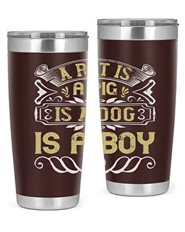 A stylish 20oz stainless steel tumbler with a unique design featuring the phrase 'A rat is a pig is a dog is a boy', perfect for hot and cold beverages.