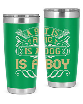 A stylish 20oz stainless steel tumbler with a unique design featuring the phrase 'A rat is a pig is a dog is a boy', perfect for hot and cold beverages.