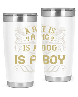 A stylish 20oz stainless steel tumbler with a unique design featuring the phrase 'A rat is a pig is a dog is a boy', perfect for hot and cold beverages.