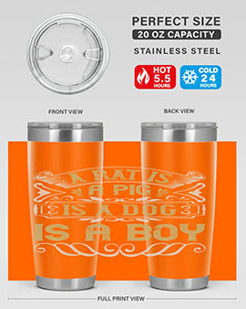A stylish 20oz stainless steel tumbler with a unique design featuring the phrase 'A rat is a pig is a dog is a boy', perfect for hot and cold beverages.