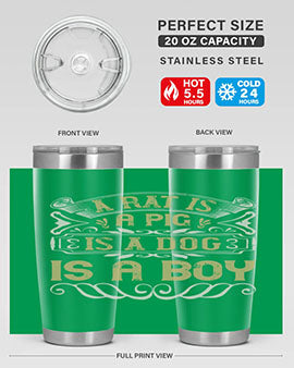 A stylish 20oz stainless steel tumbler with a unique design featuring the phrase 'A rat is a pig is a dog is a boy', perfect for hot and cold beverages.